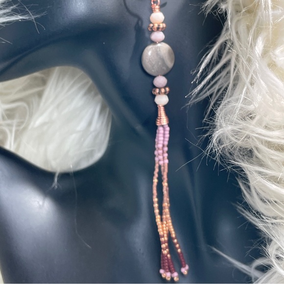 CCO REDUCED Elegant Gray And Pink Agate Beaded Dangle Fringe Earrings - Picture 3 of 15